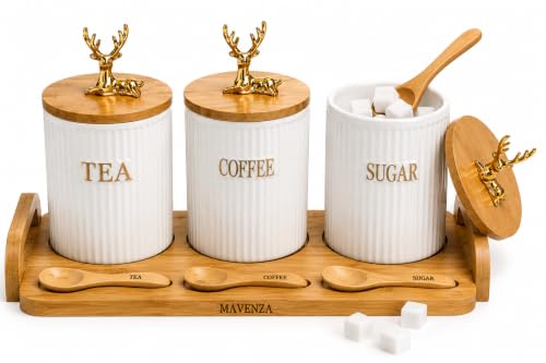 Image of MAVENZA Luxury Ceramic Tea Coffee Sugar Canisters Set of 3 with Gold Deer Lids, Airtight Bamboo Lid Storage Jars, Wooden Tray & Spoons, Kitchen Countertop Containers Essentials