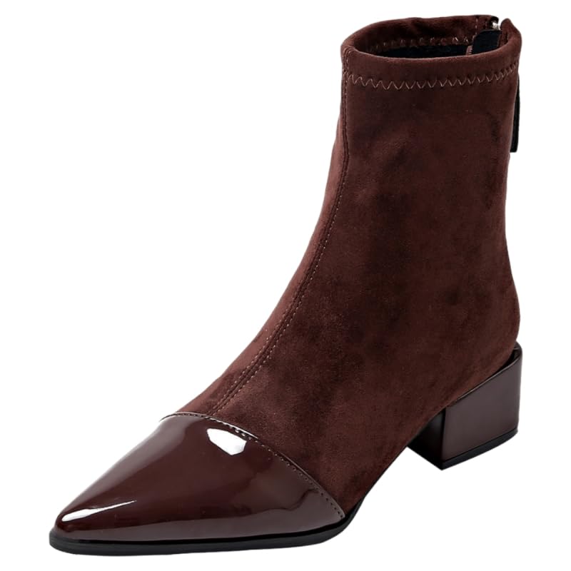 Womens Retro Pointed-Toe Mid-Heel Short Boots - Insulated Warm Winter Footwear