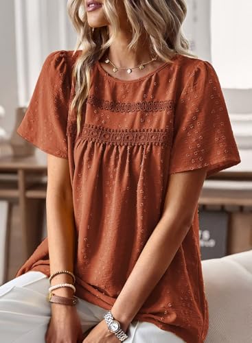 Image of Falechay Womens Summer Tops Crewneck Short Sleeve Shirts Casual Chiffon Blouses Flowy Lace Hem Boho Clothing Trendy 2026
