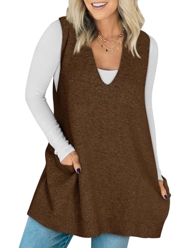 Sweater Vest Women Sleeveless V Neck Oversized Knit Tops Tunic Dress with Pockets Fall Fashion 20252