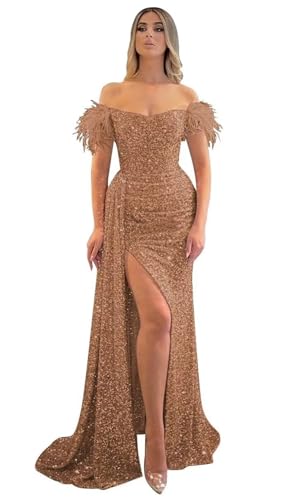Sequin Off Shoulder Prom Dresses Sparkly Mermaid Formal Dress Feather Long Evening Party Dress with Slit