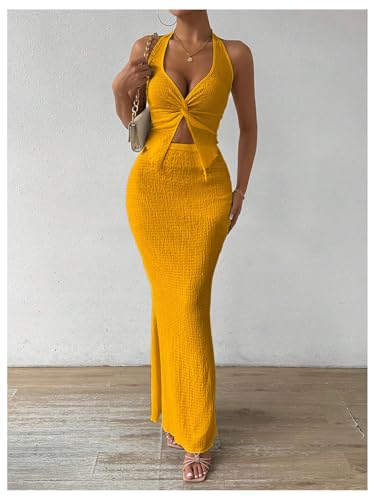 Image of SOLY HUX Women's Two Piece Outfits Twist Front Halter Cami Tops and Skirt Summer Set