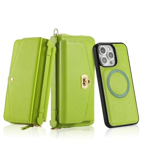 Étui portefeuille iPhone 12 et 12 Pro vert en cuir avec fermeture magnétique protectrice