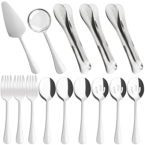 14 Pieces Serving Utensils, Large Spoons Slotted Spoon Forks Tongs, Stainless Steel Pie Cake Server for Buffet Catering by Suptizizkz - Used condition - US$8.26