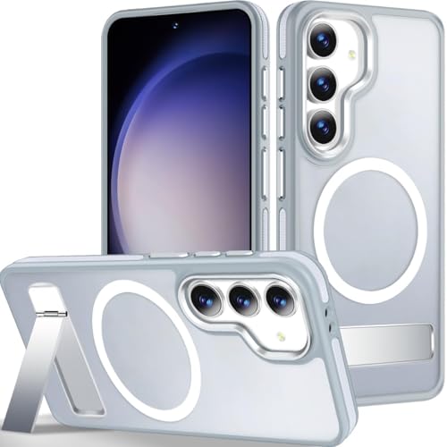 Image of MALEWOLF Built-in Kickstand for Samsung Galaxy S25+ Plus Case, Magnetic Cover Compatible with MagSafe, Non-Slip Shockproof Phone Case, Slim Translucent Back (Grey /White)