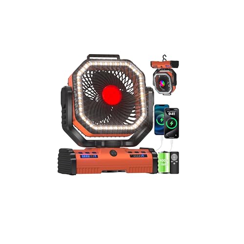 EEIFO 12 Inch Portable Camping Fan, 40000mAh Rechargeable Battery Powered Fan with 4 Speeds Wind and LED Light 140H, Cool & Warm Light and SOS Mode, Auto Oscillating, 360° Rotating Hang Hook(Orange)