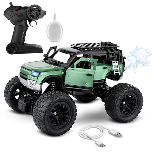 Image of Wembley Remote Control Car for Kids 4-12 Years, 1:18 RC Monster Truck 2WD with Dual Spray Smoke, LED Lights, 2.4GHz Long Range Remote Car, Alloy Body Off Road Toy Car, Rechargeable Type C SUV (Green)