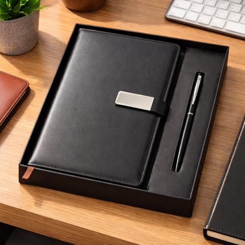 Image of Diary & Pen Gift Set with Magnetic Closure, Vegan Leather Notebook with Classic Ball Pen, 192 Pages 80 GSM Ivory Paper for Office Corporate Gift (Black)