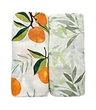Ultra-Soft Organic Muslin Christmas Swaddle Blankets – 70% Viscose from Bamboo & 30% Cotton, 2-Pack – Gentle, Breathable, Lightweight – 47 x 47 inch, Soft Baby Wraps (Citrus Bloom&Forest Leaf)