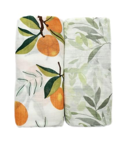 Ultra-Soft Organic Muslin Christmas Swaddle Blankets – 70% Viscose from Bamboo & 30% Cotton, 2-Pack – Gentle, Breathable, Lightweight – 47 x 47 inch, Soft Baby Wraps (Citrus Bloom&Forest Leaf)