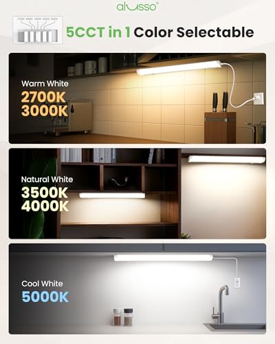Image of ALUSSO 18 Inch LED Under Cabinet Lighting Plug in 120V, 5CCT Color Selectable 2700K-5000K Dimmable 10W 800LM High Brightness, CRI 90+ Strip Linkable Under Counter Lights for Kitchen Sink, 1 Pack