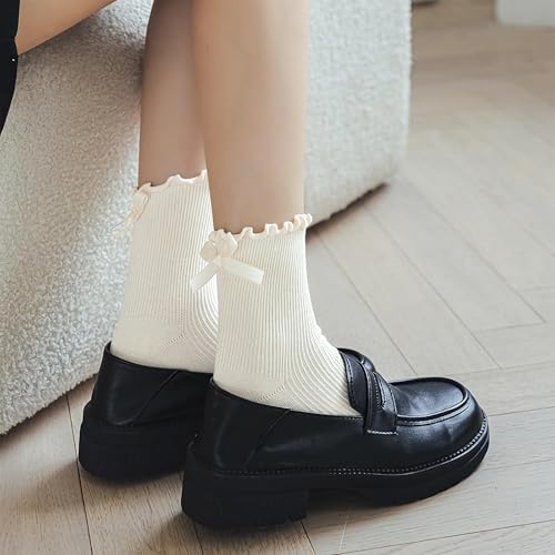 Image of DIVINA VITAE 4 Pairs Women Bow Socks Ruffle Socks Frilly with Bows Ruffle Crew for Women Black White Ruffle Ankle Sock Soft Breathable Thin Cotton Ruffle Sock Cute Fashion for Girls and Womens