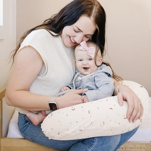 Image of Konssy 2 Pack Nursing Pillow Covers, Stretchy and Soft Nursing Cover for Breastfeeding Pillows, Pillow Slipcover for Baby Girls Boys Newborn (Moon,Coffee Check)