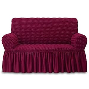 NICEEC Loveseat Slipcover Red Loveseat Cover 1 Piece Easy Fitted Sofa Couch Cover Universal High Stretch Durable Furniture Protector Love Seat with Skirt Country Style 2 Seater Wine Red