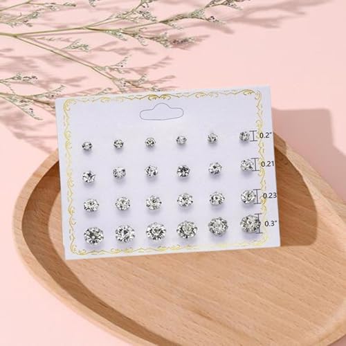 Image of Earring Set for Women and Girls Artifical Jewelry Silver Color Round Crystal Zirconia Stud Earring for Ear-tops /Kaan Ke top Earring for Birthday & Anniversary Gift pack of 12pairs