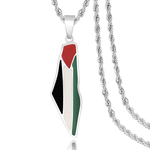 Palestine Map Pendant Necklace, Stainless Steel Chain, Multicolor，Peace Pendant
