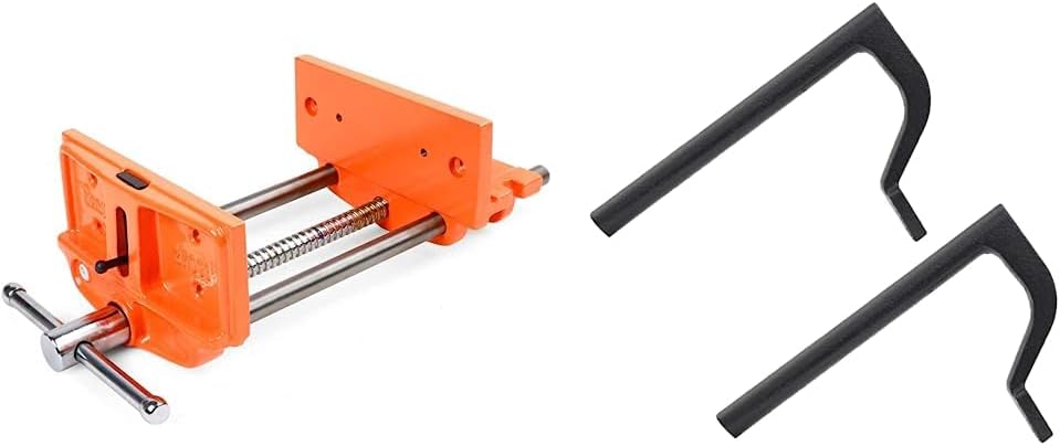 Pony Jorgensen 27091 Medium Duty Woodworker's Vise, Orange, Grey, 9-Inch By 7-Inch & POWERTEC 71528 8-Inch Workbench Holdfast Woodworking Clamps - Set of 2