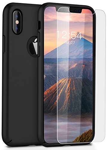 BASSTOP RGY-FHDsa iPhone X Case, Slim Fit Shell Hard PC Full Protective Cover Case with Tempered Glass Screen Protector - Black