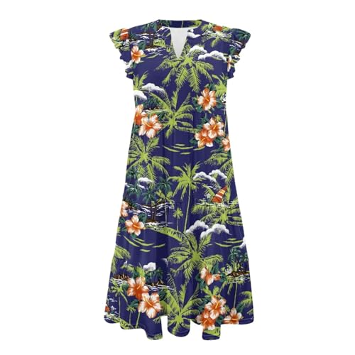 Image of Womens Summer Dress Ruffle Sleeve V Neck Dress Casual Fit Flowy Beach Vacation Sundress with Pocket S-2XL