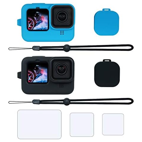 SIOTI Gopro 9 Silicone Case, Gopro 9 Silicone Sleeve Case,Hero 9 Silicone Housing, Gopro 9 Protector Cover with 2 Packs+ Lanyard + Lens Cap + 3Pcs Temperated Glass Protector for GoPro Hero 9 Black Cover