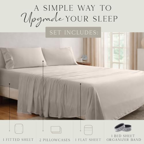 Image of KARISSA MAE Luxury Bamboo Viscose Cal King Size Sheet Set | FSC Certified | Cooling | Ultra Soft | 18 inch Deep Pockets | Elastic Corner Straps | Includes Organizer Band [Dune]