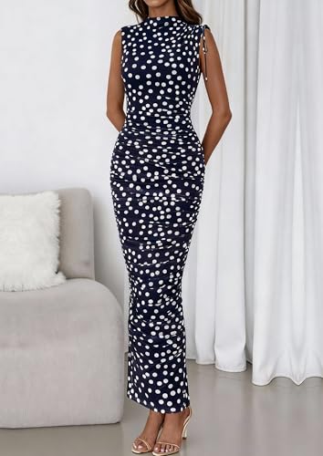 Image of PRETTYGARDEN Women's Summer Maxi Dresses Ruched Bodycon Split Long Dress | Mock Neck, Sleveless, Floral Mesh Dress, Cocktails Dress for Wedding Guest, Party, Summer Outfits 2026