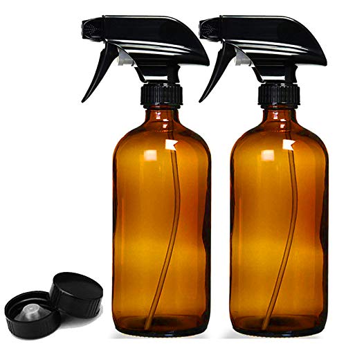 Glass Spray Bottles with Labels,Clear Empty Refillable Container with Durable Black Trigger Sprayer w Mist and Stream Settings for Mixing Essential Oils, Homemade (Brown-02