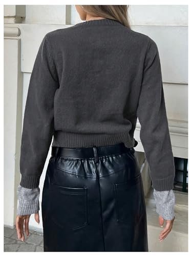 Image of MakeMeChic Women's Long Sleeve 2 in 1 Cardigan Sweater Round Neck Button Down Knitted Outerwear Grey Small