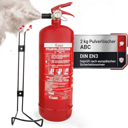 notlok Safety Work Pulver Feuerlöscher 2kg ABC + elektrische Geräte < 1000V | nach DIN EN 3 | Dauerdruck mit Manometer Halterung & Standfuß | Universal Pulverlöscher Für Gewerbe Haushalt & Auto