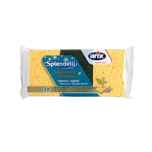 ARIX | 3 Spugne con Cellulosa Vegetale Per Lo Sporco Ostinato, Spugne Cucina Maxi Assorbenza Della Linea Splendelli, Spugna con Fibra Abrasiva Forte, 3 Pezzi - Made In Italy