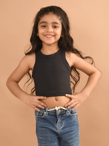 Image of LILPICKS Solid Sleeveless Crop Tank Top for Girls (Black)
