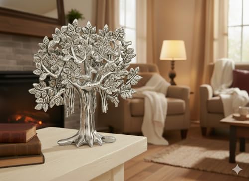 Image of Metal Kalpavriksha Tree for Home Decor - Golden Wish Fulfilling Tree Metal Showpiece for Temple, Vastu, Office Table & Gifting Banyan (No 2 Silver)