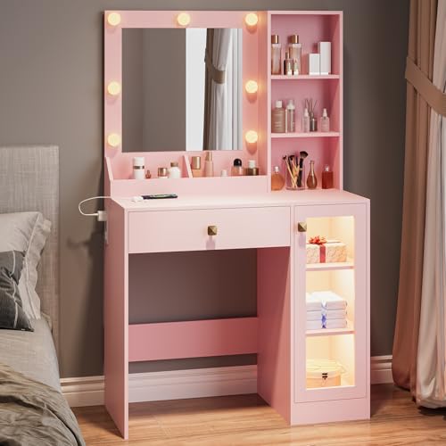 Image of Wodeer Small Makeup Vanity Desk with Mirror and Lights, Vanity with Glass Cabinet, LED Lights & Power Outlet, Drawer & RGB Glass Cabinets, Adjustable Lighted Dressing Table for Women & Girls Bedroom