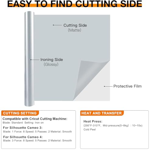 Image of HTVRONT HTV Vinyl Rolls Heat Transfer Vinyl - 12 inch x 8ft Silver HTV Vinyl for Shirts, Iron on Vinyl for All Cutting Machine - Easy to Cut & Weed for Heat Vinyl Design (Silver)