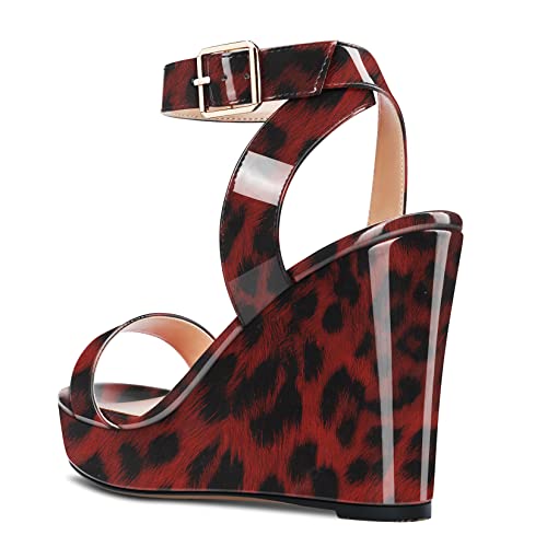 Image of Aachcol Women Platform Wedge Sandals Round Peep Open Toe Ankle Strap Slingback Two-Piece Chunky Block High Heel Dress Shoes Pumps Party Patent 4 Inch