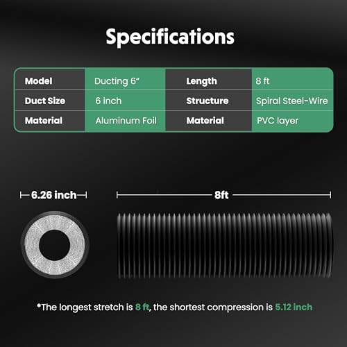 Dryer Vent Hose, 6" Insulated Flexible Duct 8FT with 2 Clamps, Heavy Duty Four Layer Protection for Heating Cooling Ventilation and Exhaust, Black