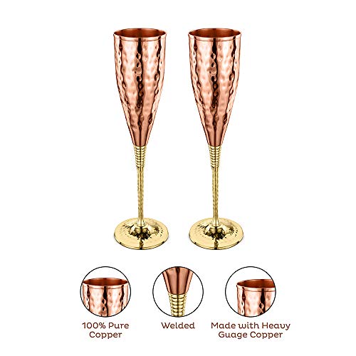 Avador Set Of 2 Shatterproof 100% Handcrafted Copper Champagne Flutes Hammered Finish 16 Oz. Gift Set #TOP2
