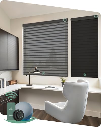 Yoolax Motorized Shangri-la Shades Work with Alexa Google, Motorized Blinds with Remote Control Light Filtering Shangri-la Blinds for Windows Smart Shades Custom Size (90% Blackout Narrow Black)