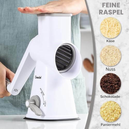 Foto von Geedel Käsereibe, Manuelle Trommelreibe mit 3 abnehmbaren Trommelblättern, Schnelles Schneiden Gemüsehobel, ideal als Kartoffelreibe, Nussreibe mit Kurbel, Nussmühle, Mandelmühle