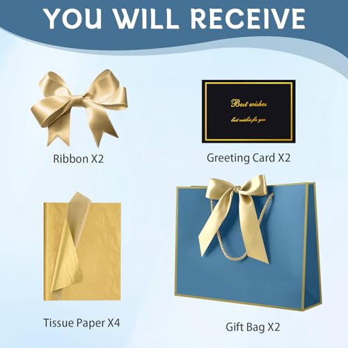 Image of JMANNI Gift Bags with Handles, 13 inch Medium Gift Bag for Presents, 2 Pcs Bags with 4 Tissue Paper and 2 Cards for Baby Shower Wedding Bridal Shower Mother's Day Birthday Party(blue-gold)