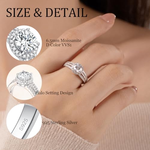 1-2ct Moissanite Engagement Ring for Women,3-Row Halo Setting 6.5-8mm Main Stone D Color VVS1 Simulated Diamond,Wedding Promise Anniversary Ring 925 Silver Jewelry Gift for Women, All Size2