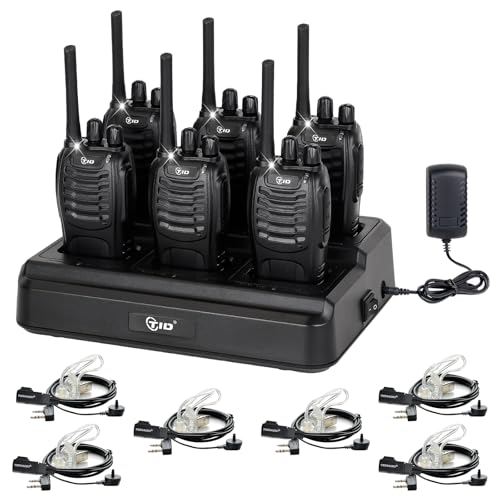 TIDRADIO Walkie Talkies Long Range Two Way Radios with 6-Way Multi Unit Charger, Acoustic Tube Headset & Mic, Hands Free VOX, Frequency Copy, Flashlight for Adults School Church Camping- TD-V2, 6 Pack