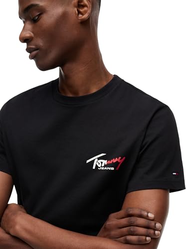 Tommy Jeans Herren T-Shirt Kurzarm Slim Sign Chest mit Logo, Schwarz (Black), XL – Ansicht 4