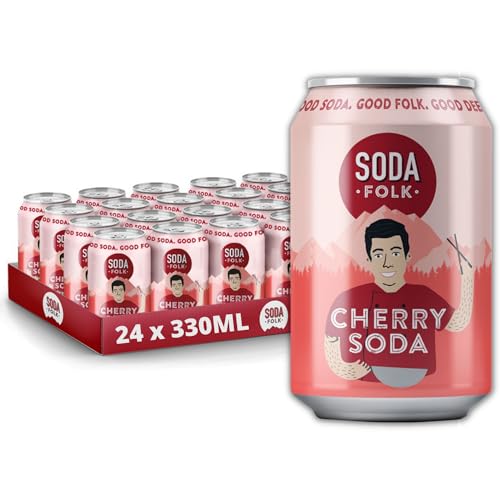 Soda Folk Cherry Soda, American Style Fizzy Drinks, No Added Sugar, Refreshing Soft Drink, 100% Natural Ingredients, Gluten Free & Vegan (24 x 330ml Cans)