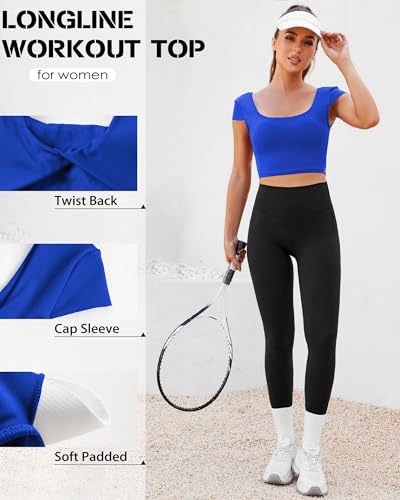 Image of DaiLiWei Open Back Workout Tops for Women Short Sleeve Longline Sports Bras Support Crop Tank Yoga Shirts with Built in Bra
