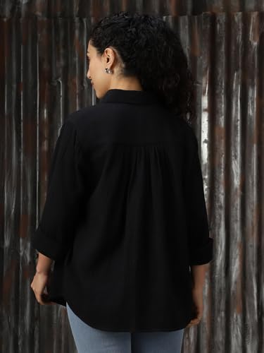 Image of High Star Women Cotton Solid Oversized Fit Casual Collar Full Sleeves Shirts
