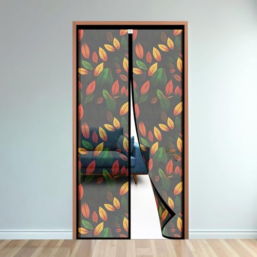 Image of TurtleGrip Polyester Magnetic Door Mosquito Net | Black Mesh with Multi-Colored Leaf Pattern Design | Auto-Closing Magnetic Door Curtain with Strong Magnets & Full Frame Hook & Loop | 195x80 cm