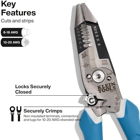 Klein Tools 12075 헤비 듀티 와이어 스트리퍼, 단조 디자인, 셀프 오프닝 와이어 스트리핑 도구, 전단 커터가 있는 전기 펜치, 케이블 스트리퍼 도구, 스트레이트 핸들 — 사진 3