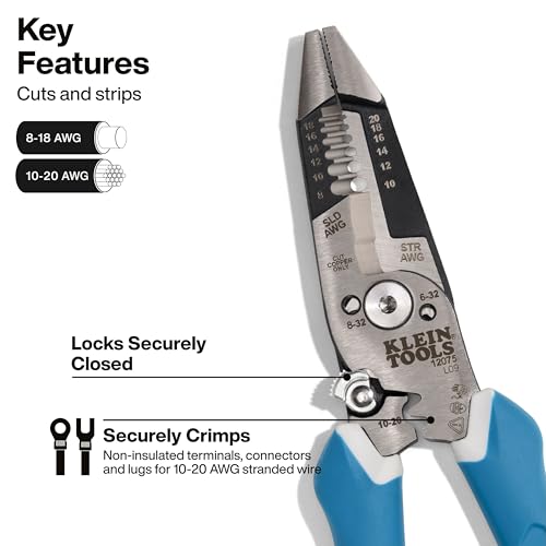 Image of Klein Tools 12075 Heavy-Duty Wire Strippers, Forged Design, Self-Opening Wire Stripping Tool, Electrical Pliers with Shear Cutter, Cable Stripper Tool, Straight Handle