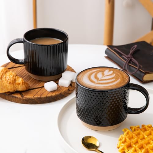 GBHOME 15OZ Stackable Coffee Mugs, Ceramic Coffee Mugs with Texture Patterns for Man,Woman,Dad,Mom, Modern Coffee Cups Set of 4 for Latte/Cappuccino/Cocoa. Dishwasher&Microwave Safe,Black